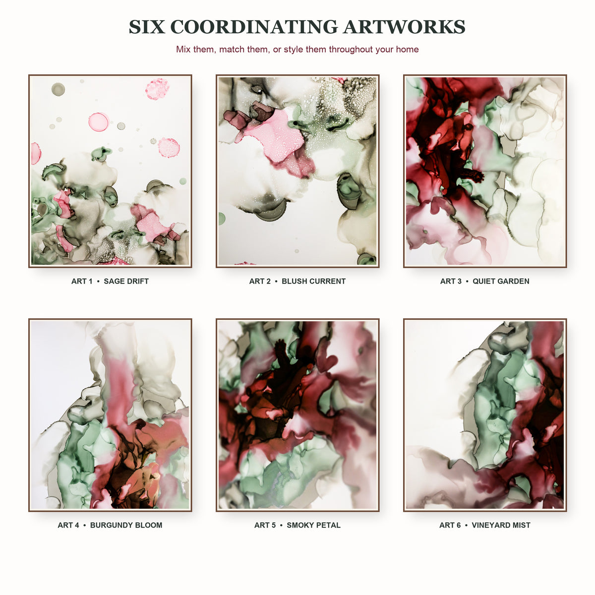 All six abstract alcohol ink designs shown together with their individual artwork names.