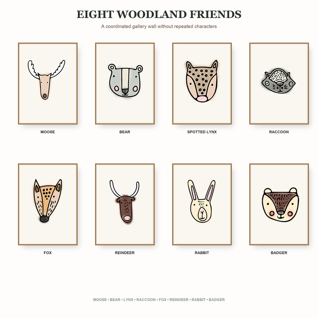 All eight animal portraits including moose, bear, lynx, raccoon, fox, reindeer, rabbit, and badger.