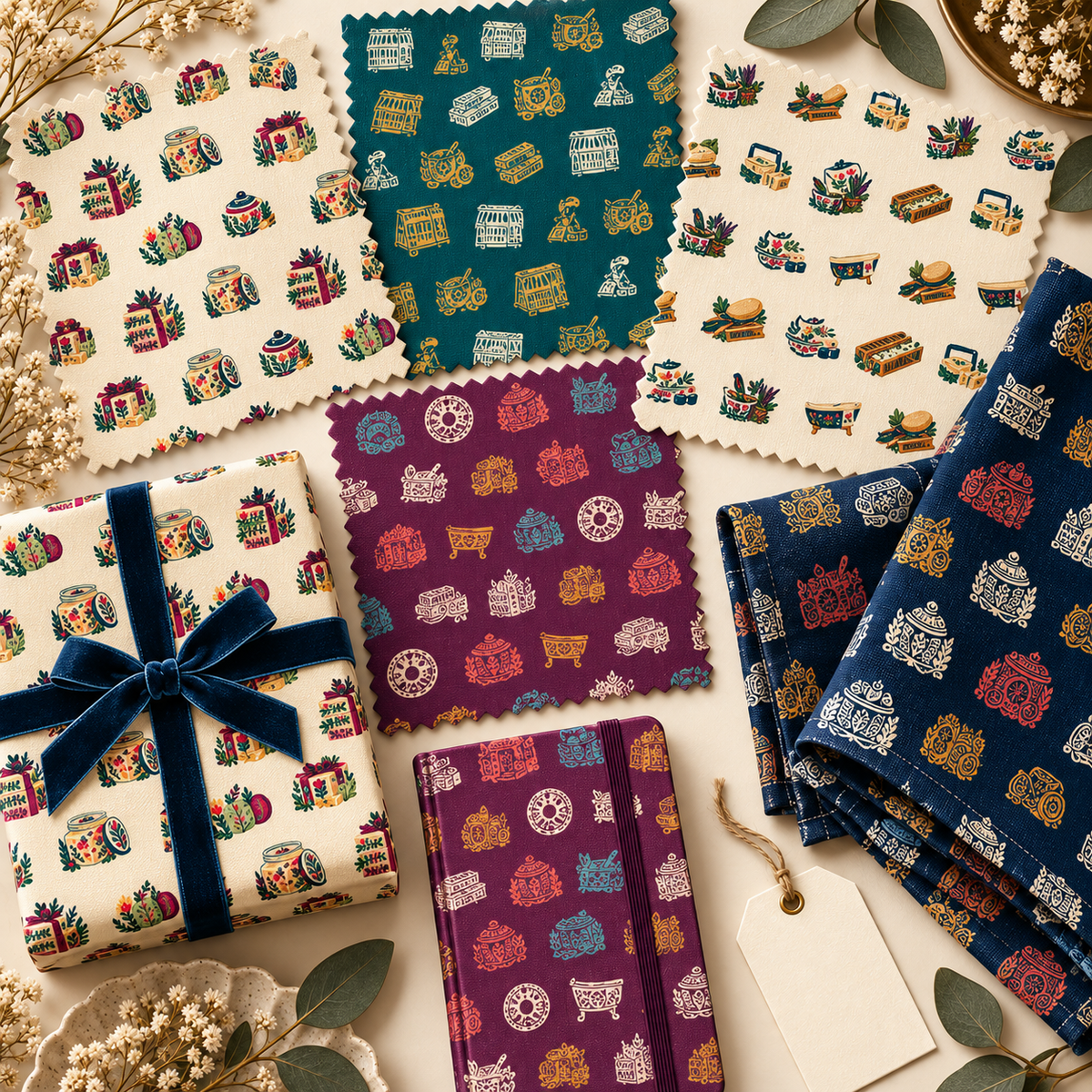 Folk soapmaker seamless pattern applications on fabric, gift wrap, and stationery