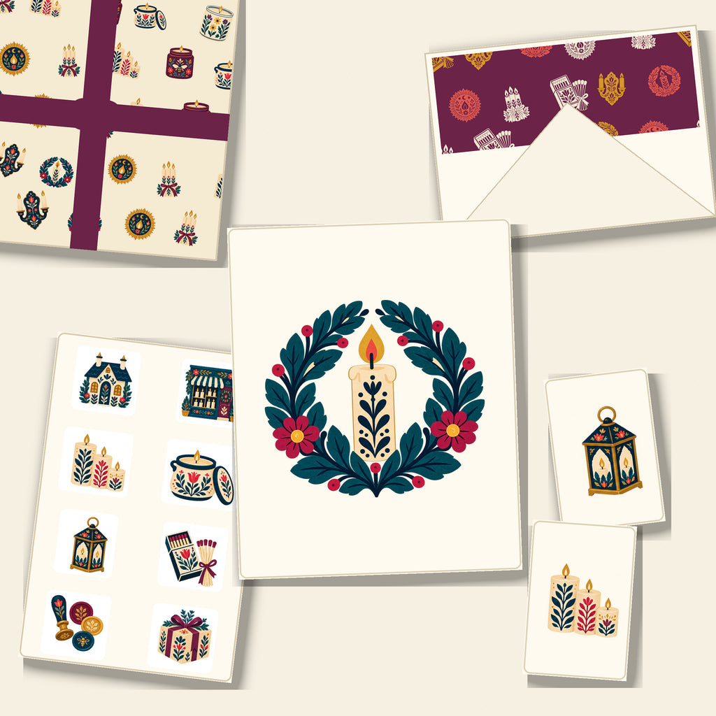 Folk Candle Maker's Cottage & Village Chandlery Clipart & Seamless Pattern Bundle - 40 Transparent PNGs + 6 Digital Papers