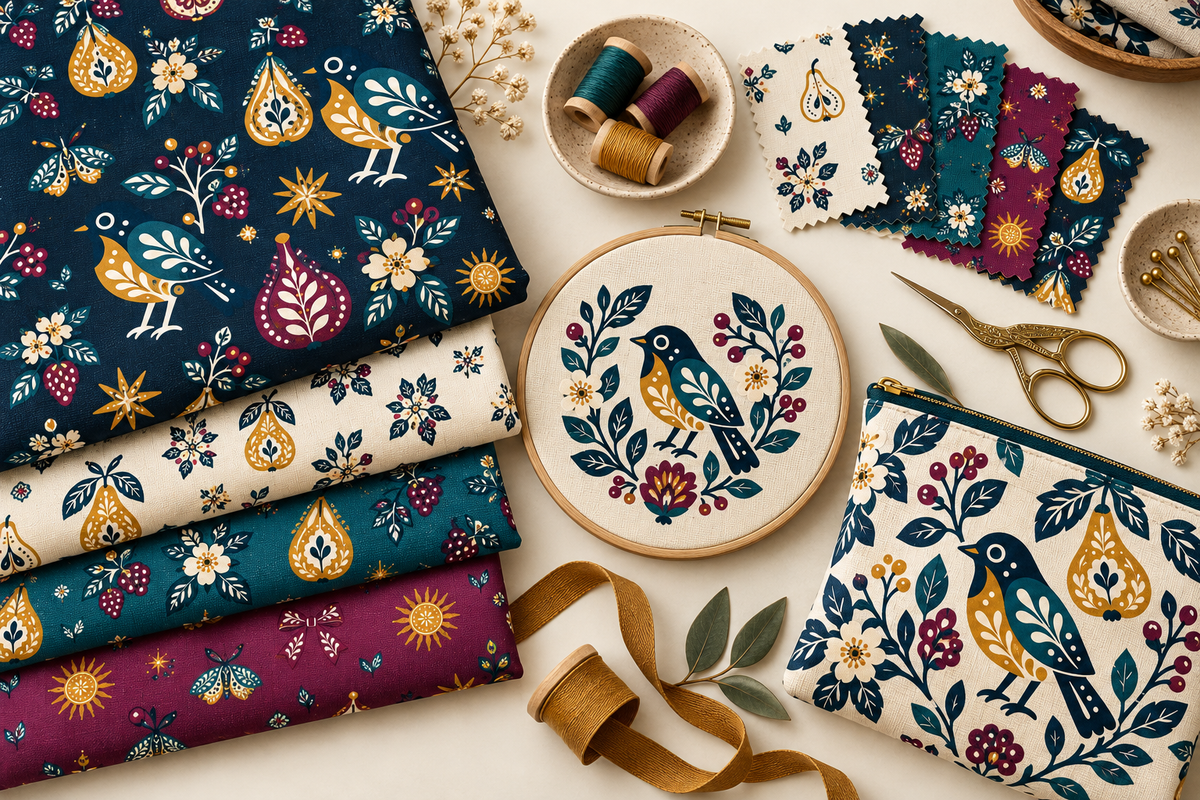 Orchard bird, pear, fig, blossom, berry, moth, and bee patterns shown on folded textiles, an embroidery hoop, fabric swatches, thread, and a sewn pouch.