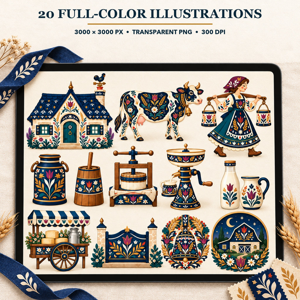 Folk Dairy Farm & Village Creamery Clipart Bundle - 40 Transparent PNGs + 6 Seamless Patterns