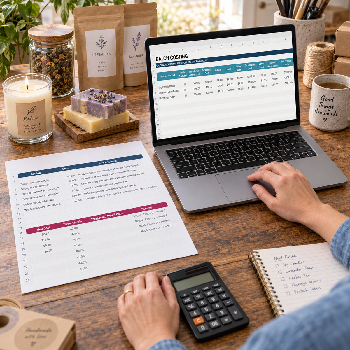 Maker reviewing batch costs and pricing with the Product Profit Calculator