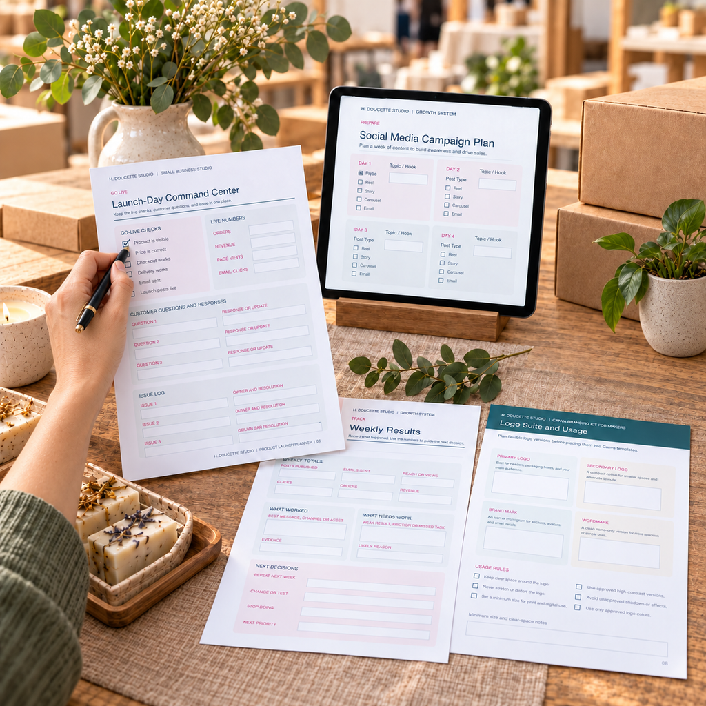 Maker checking the Launch-Day Command Center beside Brand and Marketing Bundle worksheets and a social media plan.