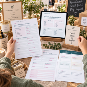 Maker preparing a market launch with the Brand and Marketing Bundle tools and exactly two matching sleeves and hands.