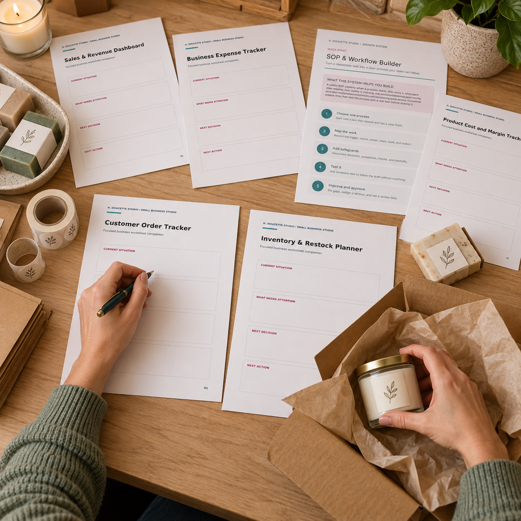 Maker packing customer orders while using the order tracker, inventory planner, and operations worksheets.