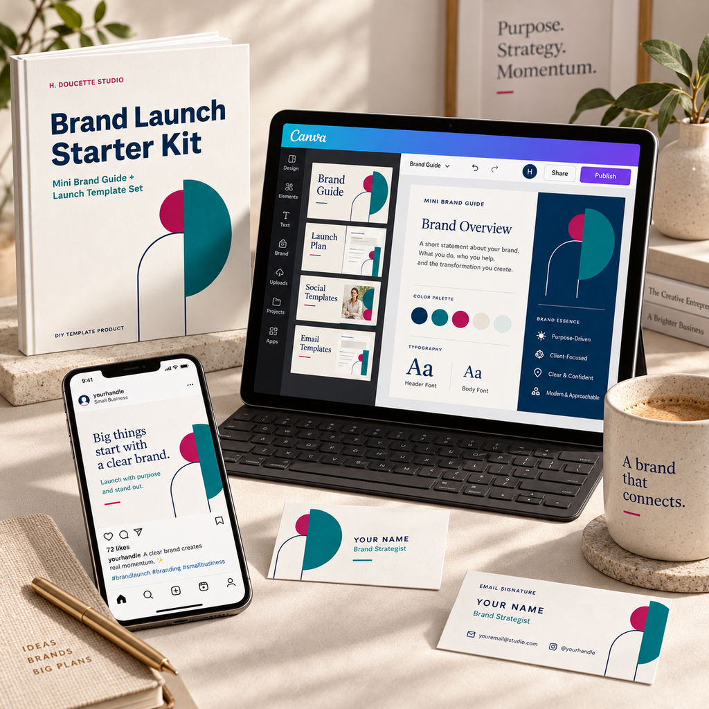 Brand Launch Starter Kit editable mini brand guide, social post, email signature, and business card shown on a tablet and phone.