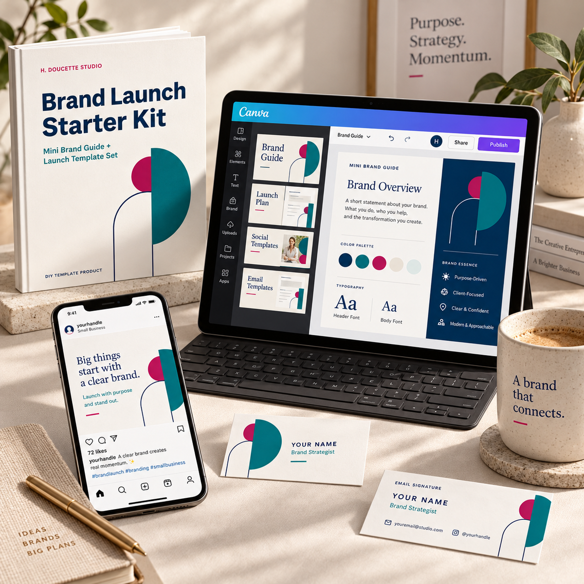 Brand Launch Starter Kit editable mini brand guide, social post, email signature, and business card shown on a tablet and phone.