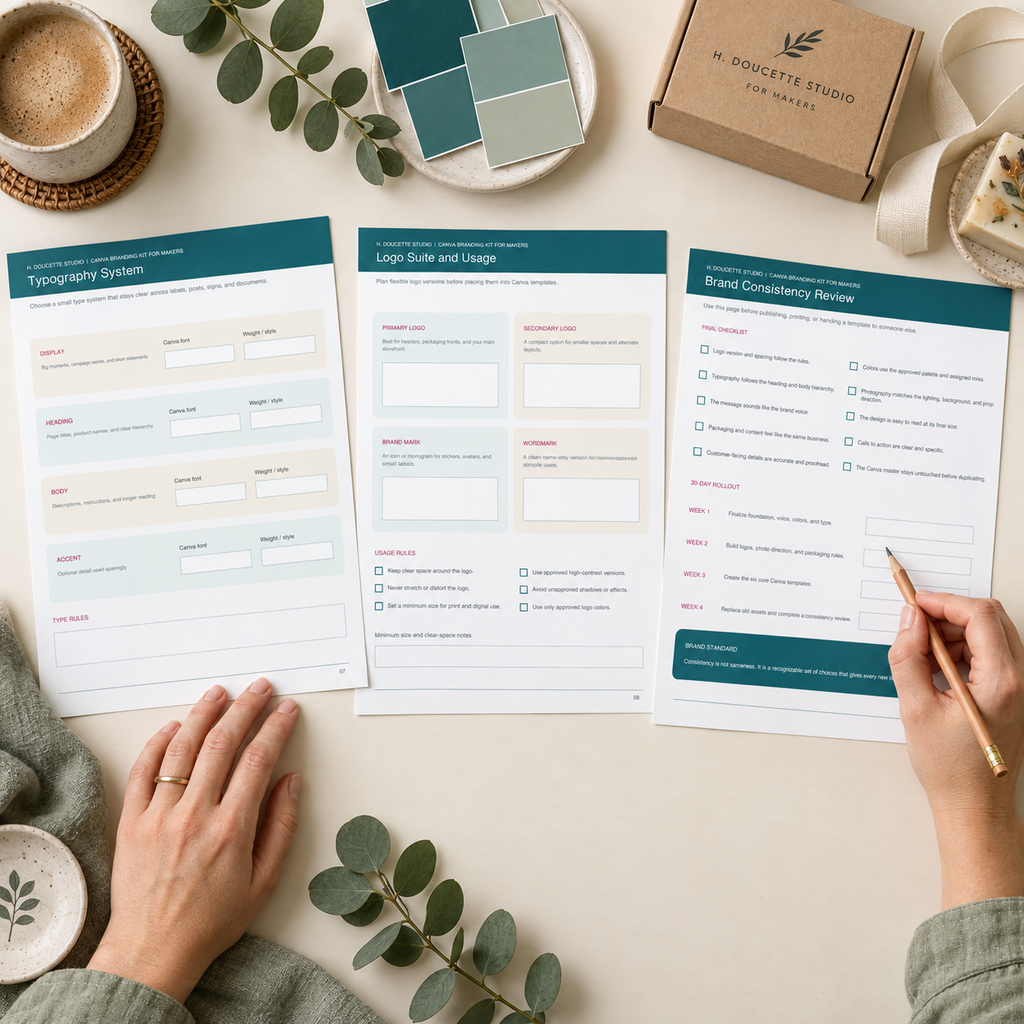 Maker reviewing the Typography System, Logo Suite, and Brand Consistency pages with matching sage sleeves and two hands.