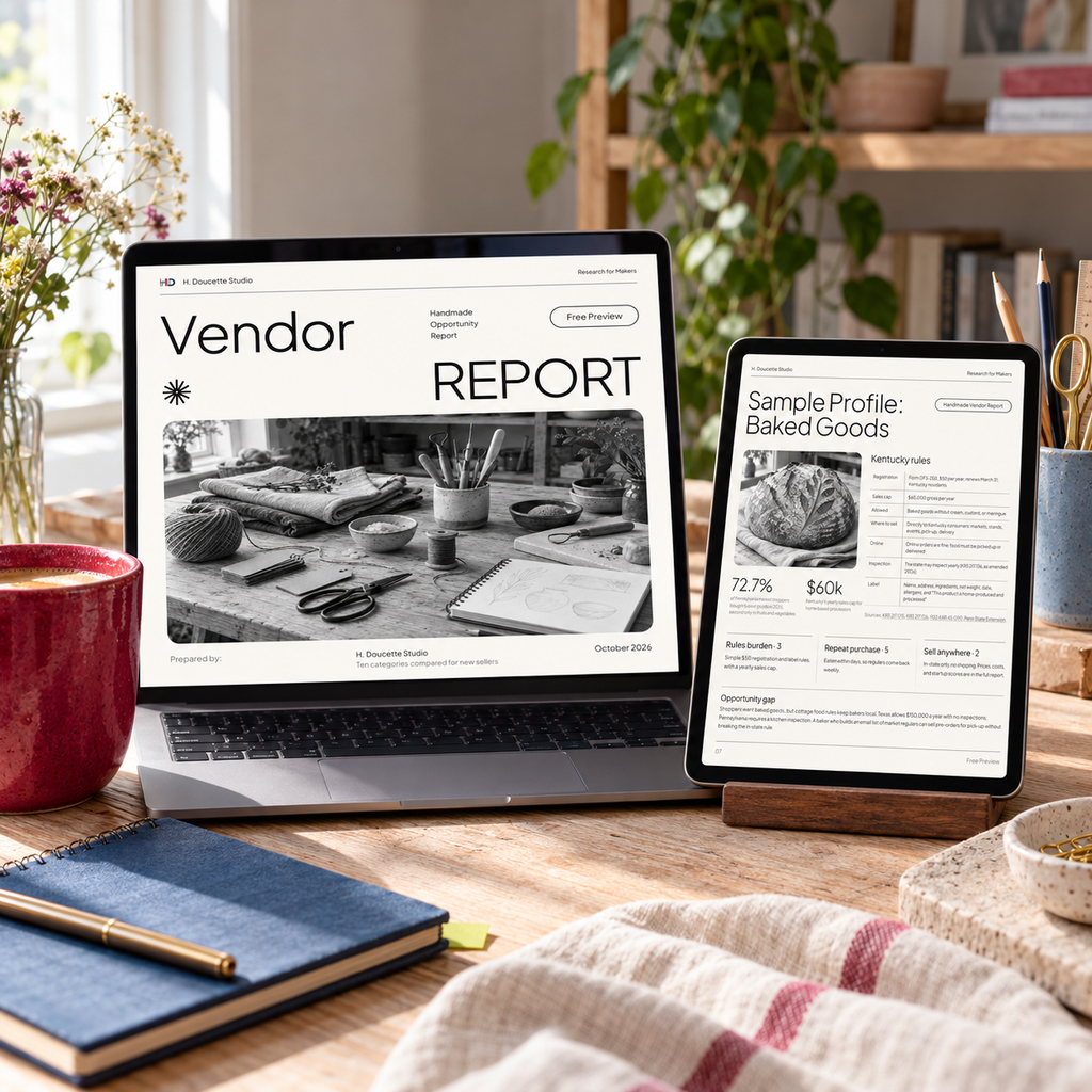 Handmade Vendor Report free preview shown on a laptop and tablet