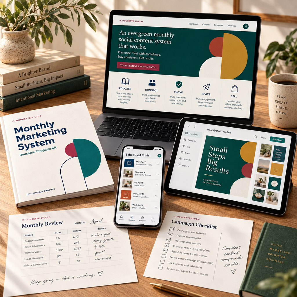 Monthly Marketing System: Content Planner & Reusable Canva Template Kit