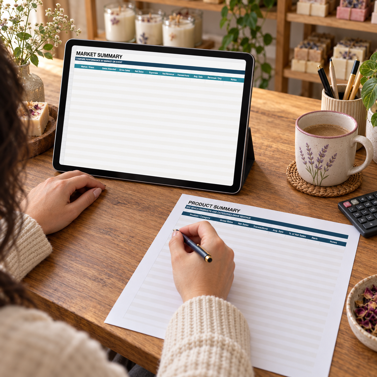 Maker reviewing Market Summary and Product Summary sheets from the Market Revenue Spreadsheet