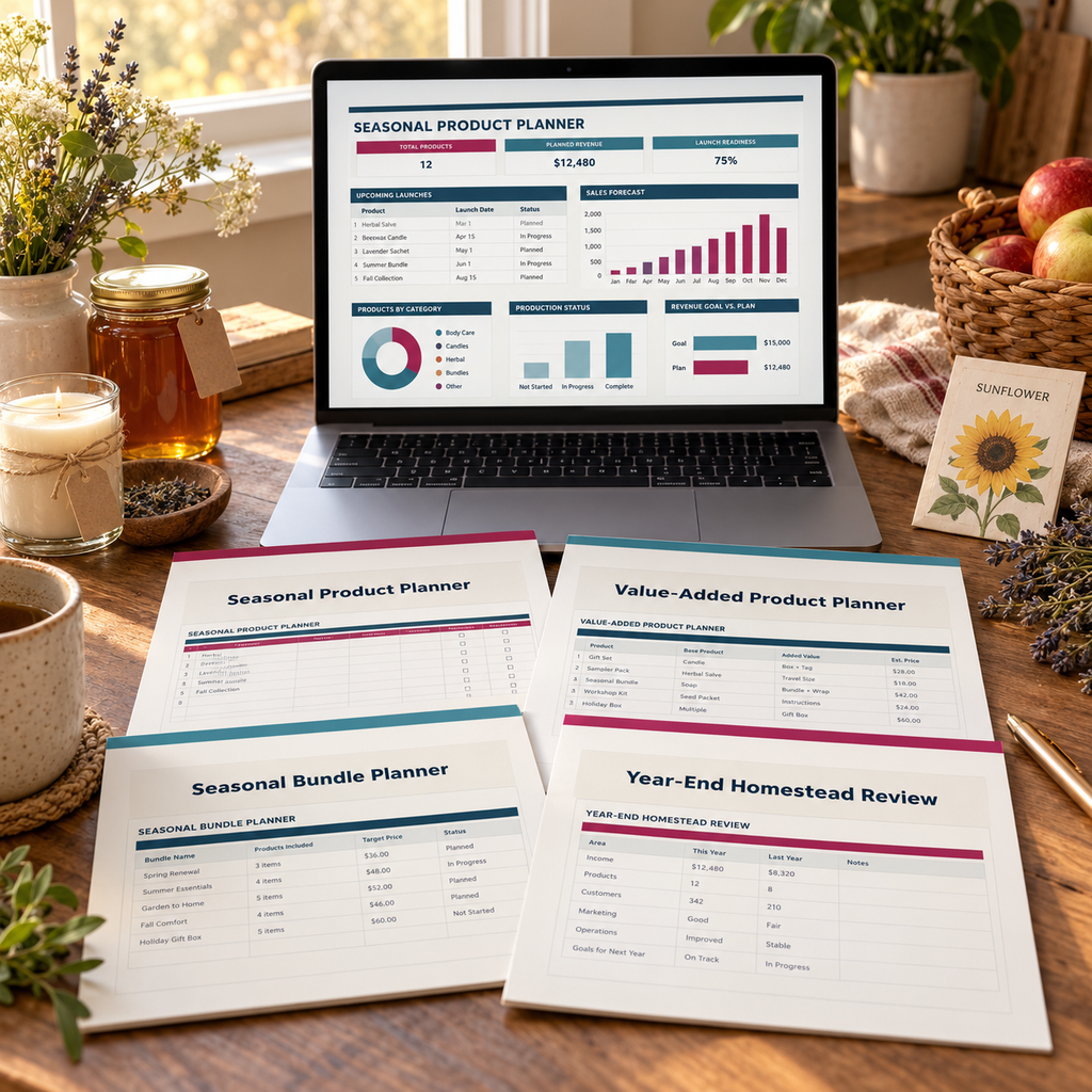 Seasonal Product Bundle digital planning worksheets displayed on a laptop beside printed planning pages and homestead products.