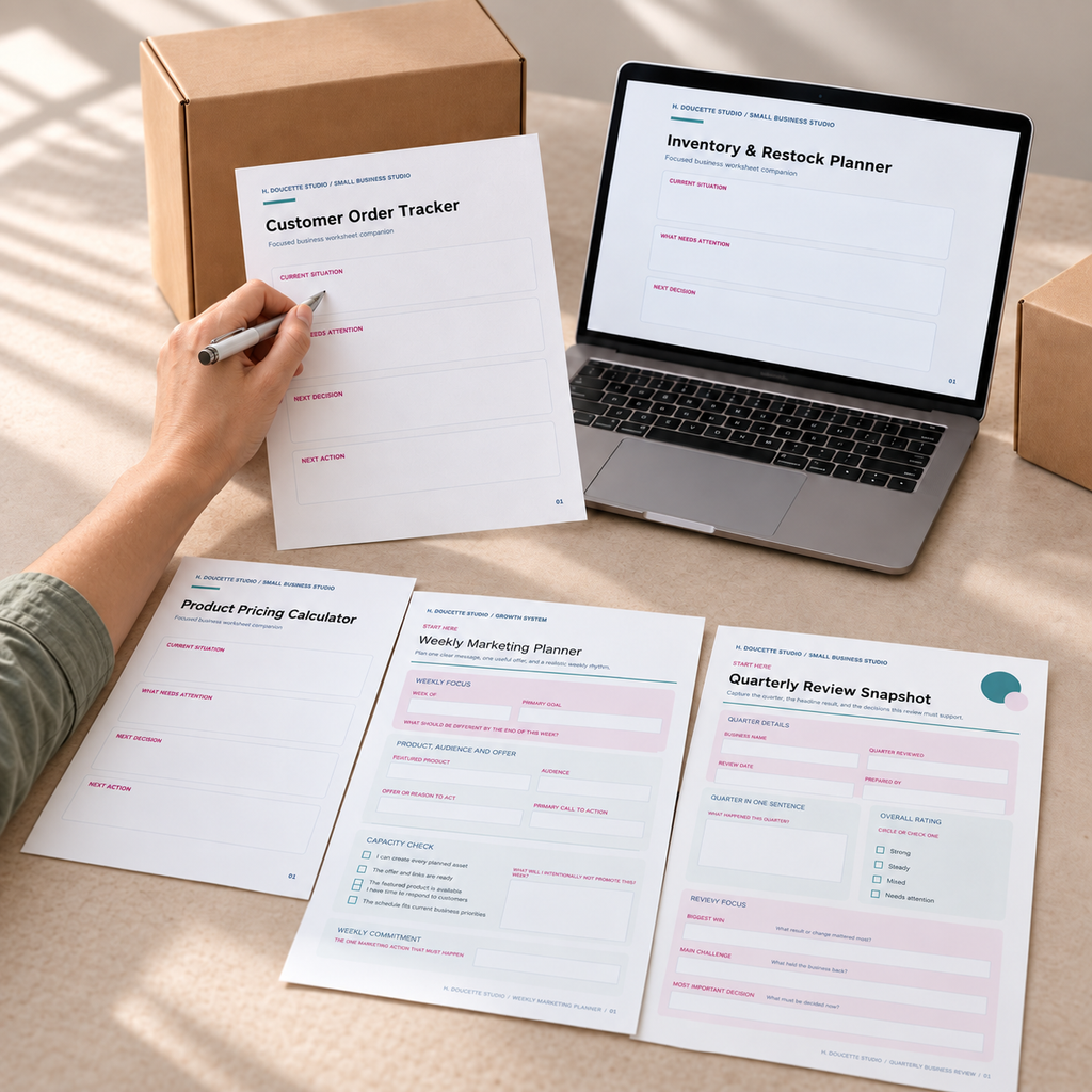 Small business owner writing in a Customer Order Tracker beside a laptop and kraft shipping boxes.