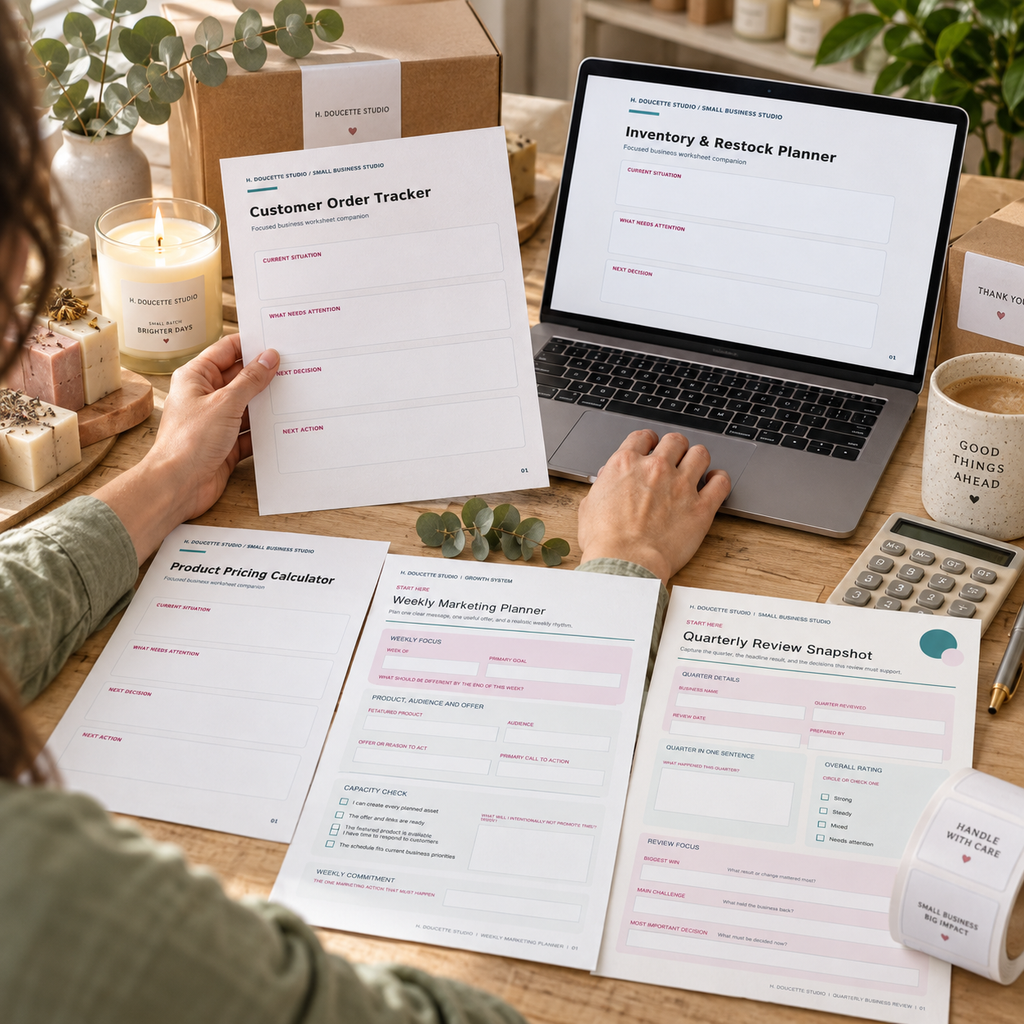 Maker fulfilling orders with the Customer Order Tracker, Inventory Planner, and three additional Starter Bundle tools.