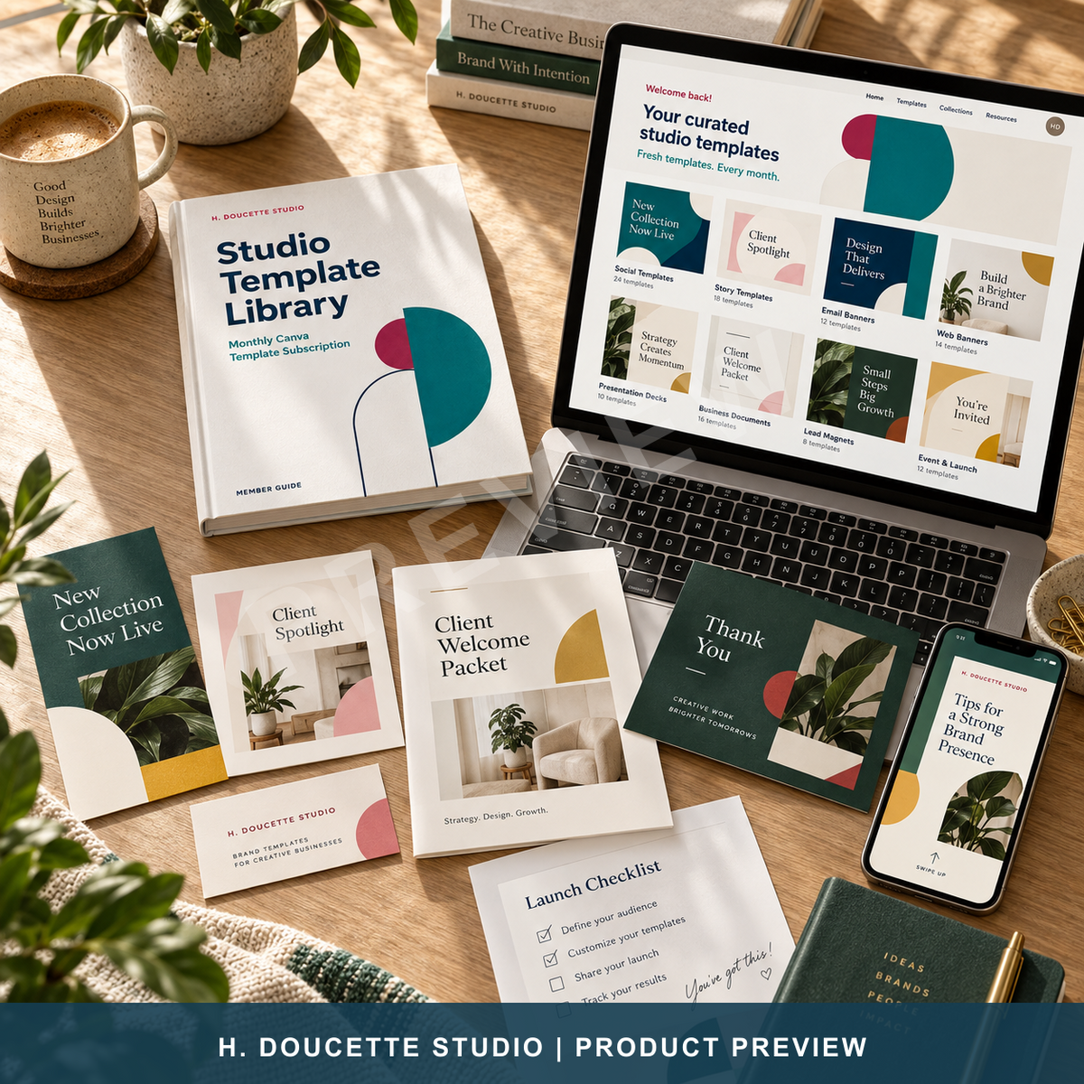Studio Template Library collection displayed on a laptop with coordinated social posts, story templates, client materials, a phone design, and a launch checklist.