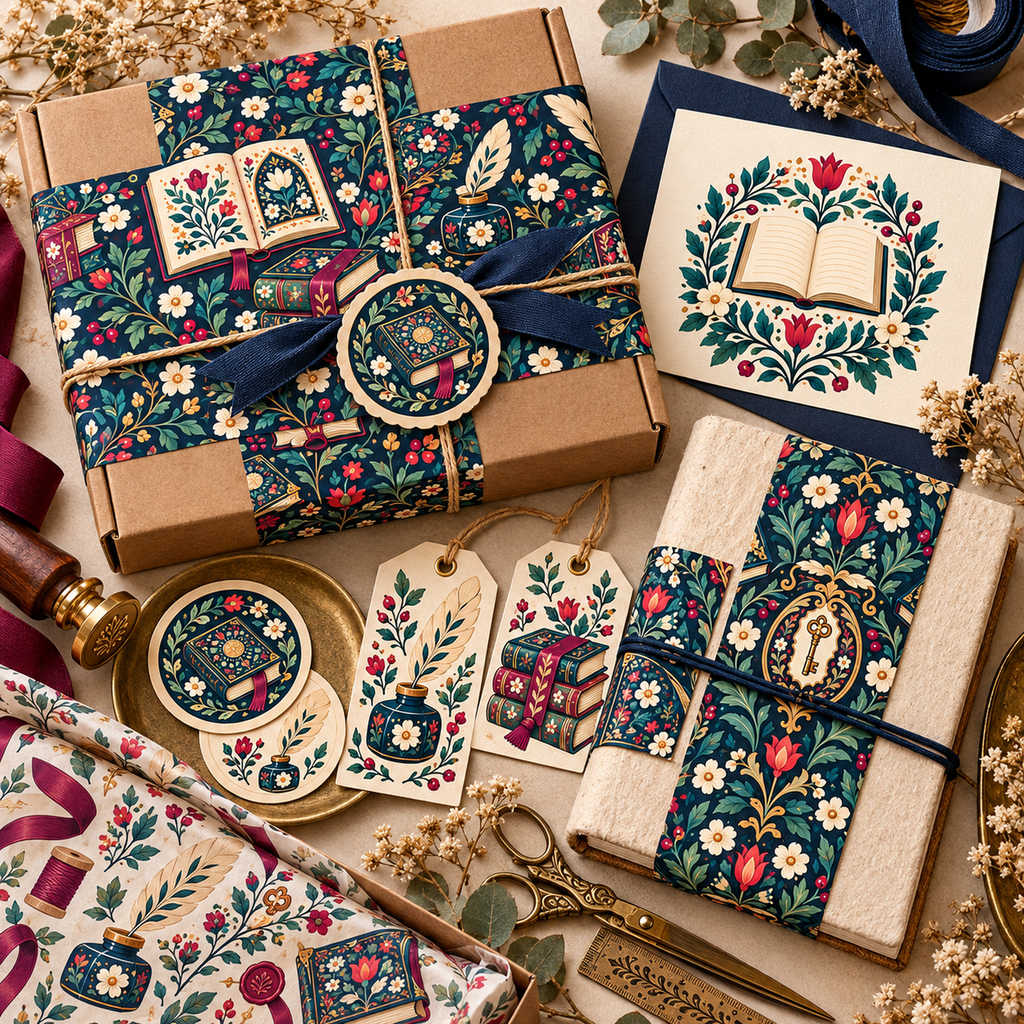 Folk bookbinder artwork applied to artisan packaging, tags, seals, and journal wraps
