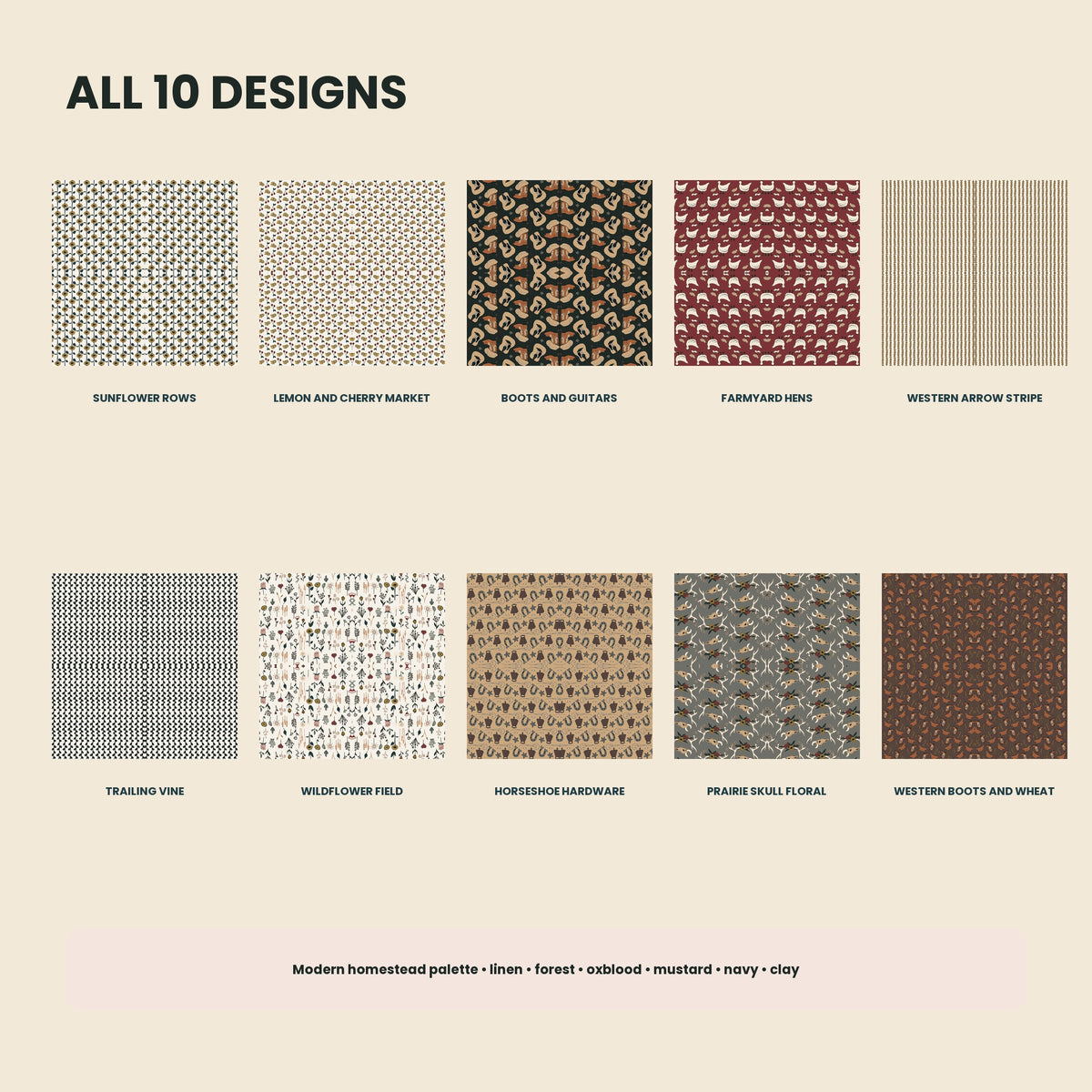 All ten country pattern designs in the refreshed homestead palette.