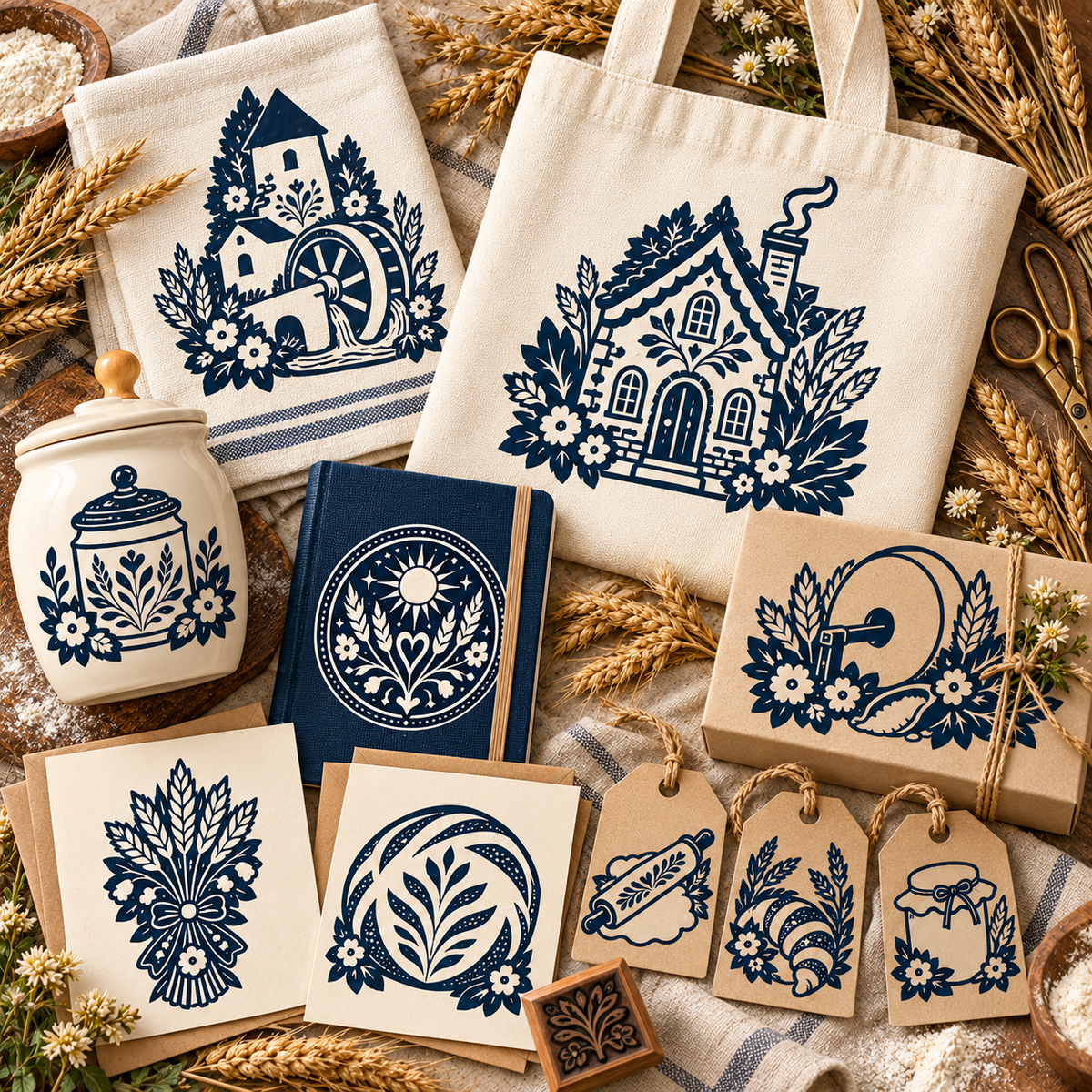 Decorative deep-navy bakery, bread, wheat, cottage, and flour-mill silhouettes with transparent folk cutout details shown on practical products.