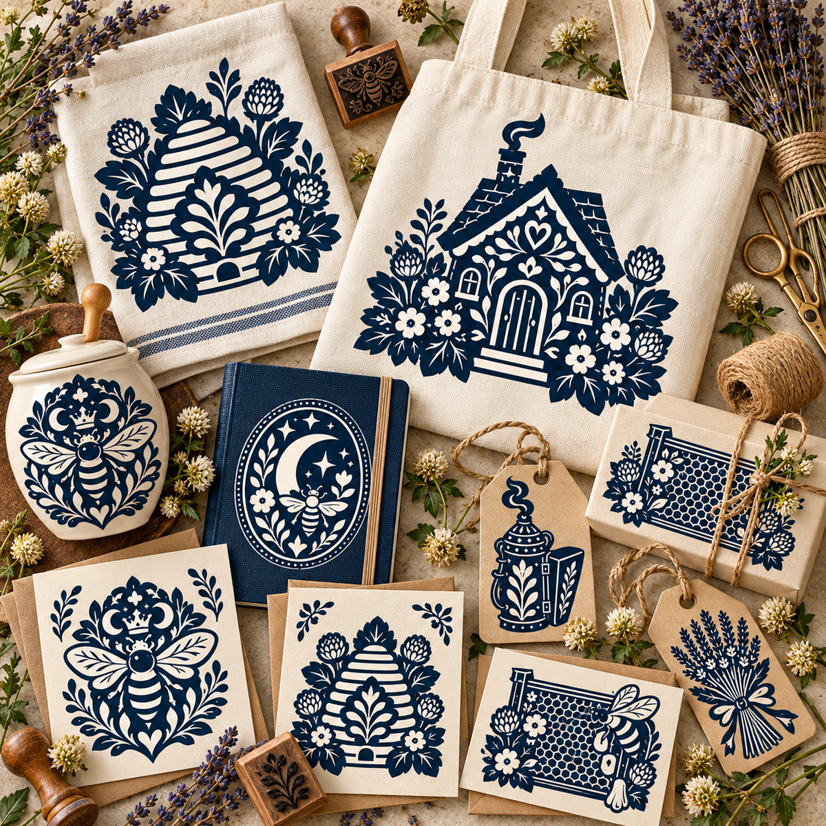 Decorative deep-navy bee, hive, cottage, and botanical silhouettes with folk cutout details shown on practical product applications.