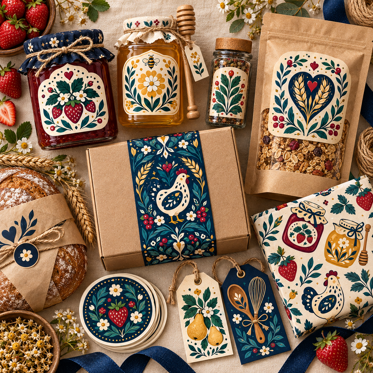 Folk Cottage Kitchen & Pantry Clipart & Seamless Pattern Bundle - 40 Transparent PNGs + 6 Digital Papers