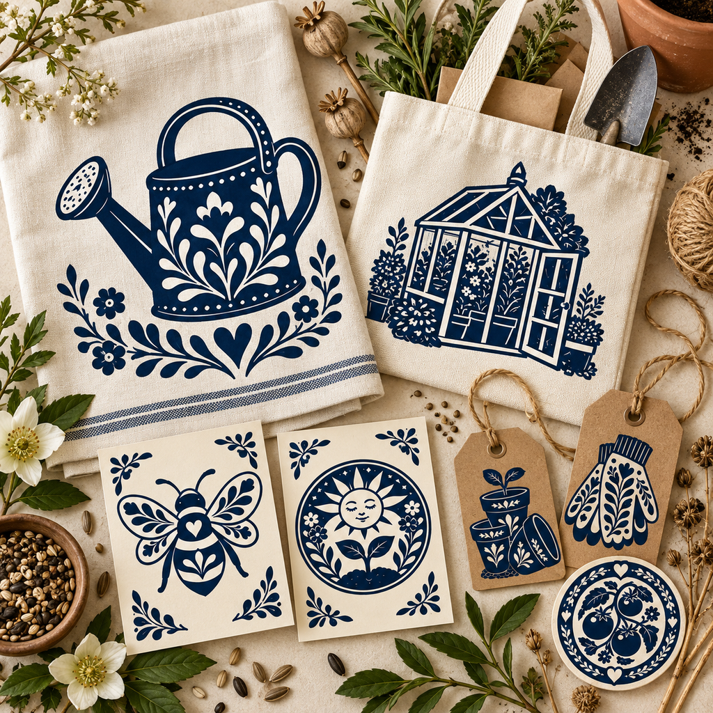 Folk Garden Seed Shop & Potting Shed illustrations and decorative navy motifs applied to packaging, labels, branding, and product presentation.