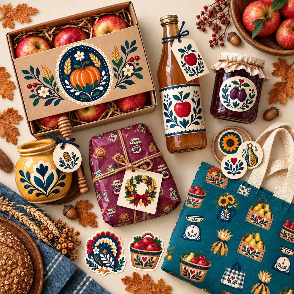 Folk Harvest Market & Farmstand illustrations and decorative navy motifs applied to packaging, labels, branding, and product presentation.