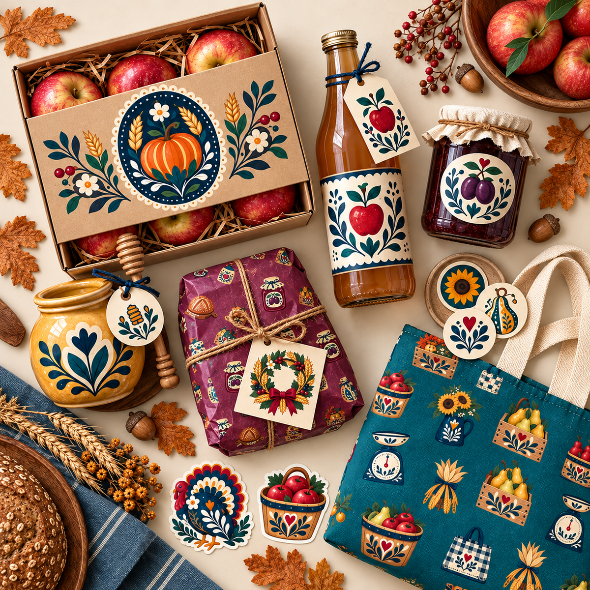 Folk Harvest Market & Farmstand illustrations and decorative navy motifs applied to packaging, labels, branding, and product presentation.