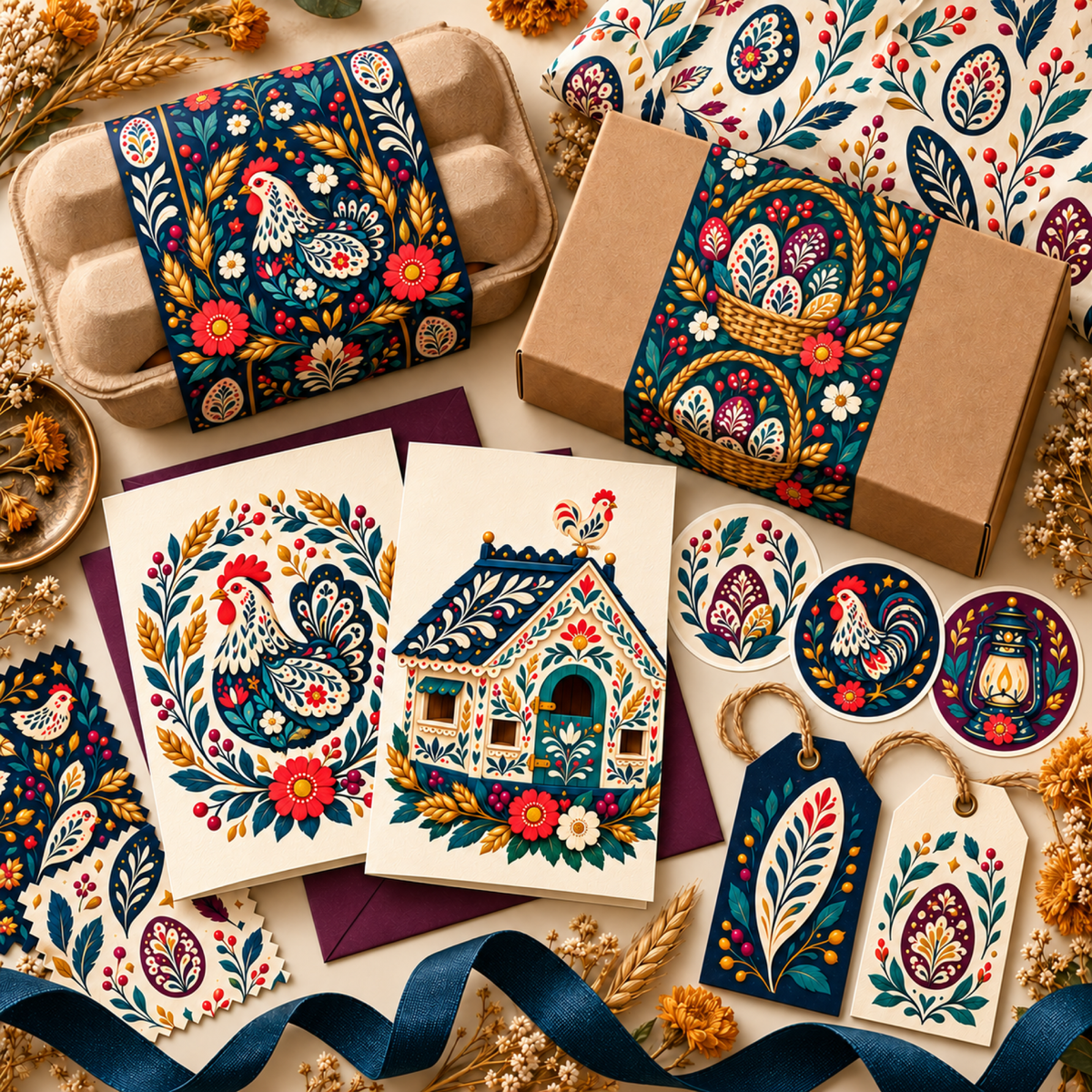 Folk Henhouse artwork applied to kraft packaging, egg-carton labels, tags, stickers, stationery, and pattern swatches.