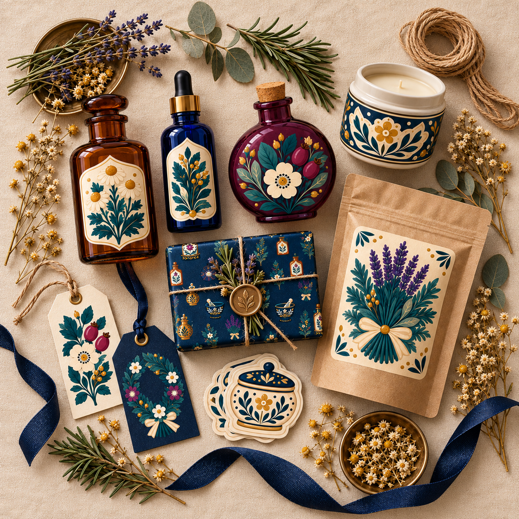 Folk Herbarium & Apothecary Clipart & Seamless Pattern Bundle - 40 Transparent PNGs + 6 Digital Papers