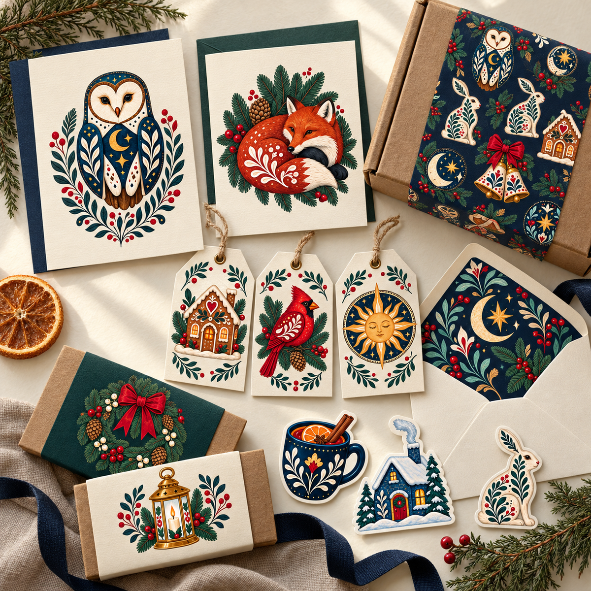 Folk Winter Solstice & Evergreen Market Clipart Bundle - 40 Transparent PNGs + 6 Seamless Patterns