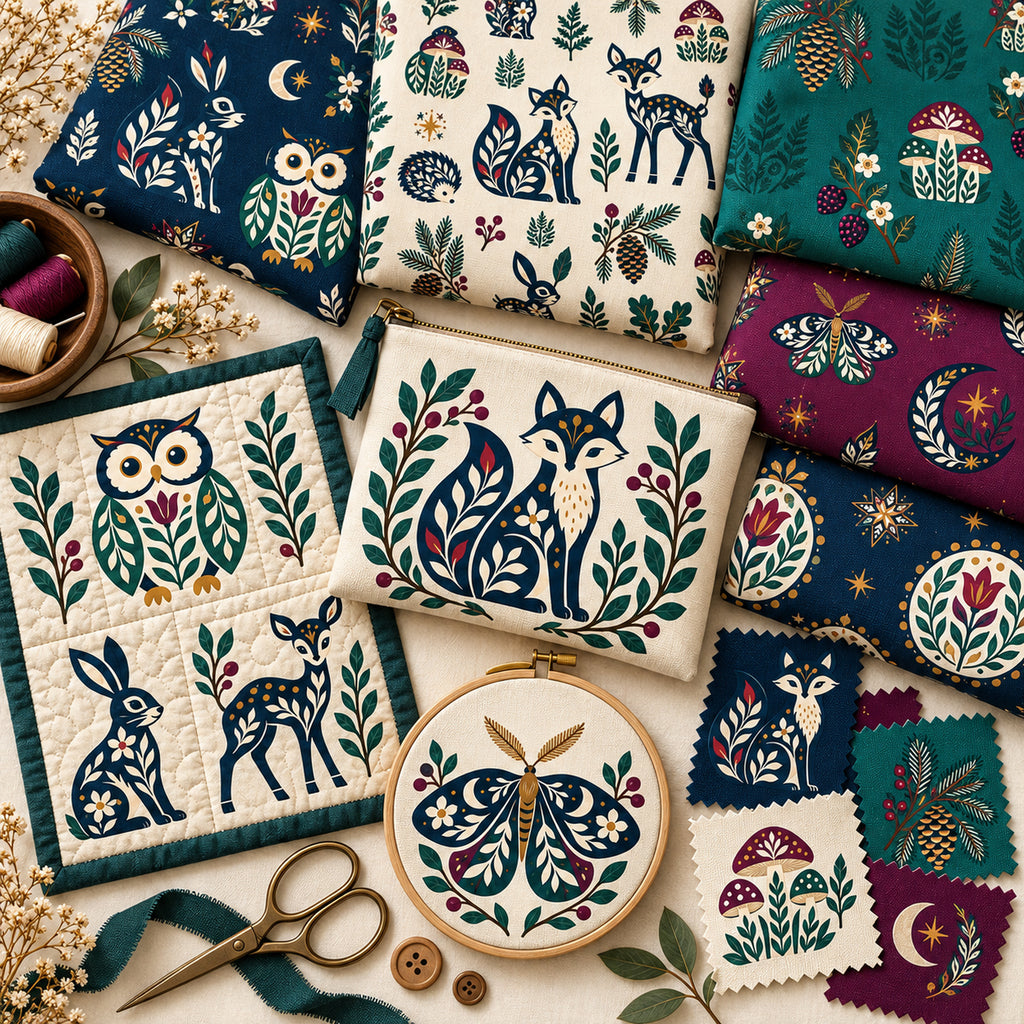 Folk woodland animals, mushrooms, moths, moons, and botanicals applied to folded textiles, fabric swatches, thread, and a sewn accessory.