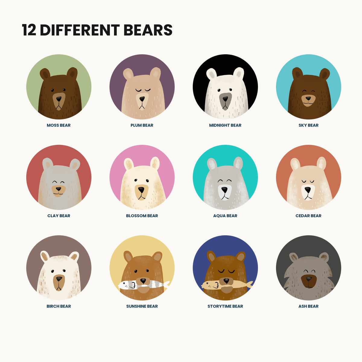 All 12 different Gentle Bears avatar designs.