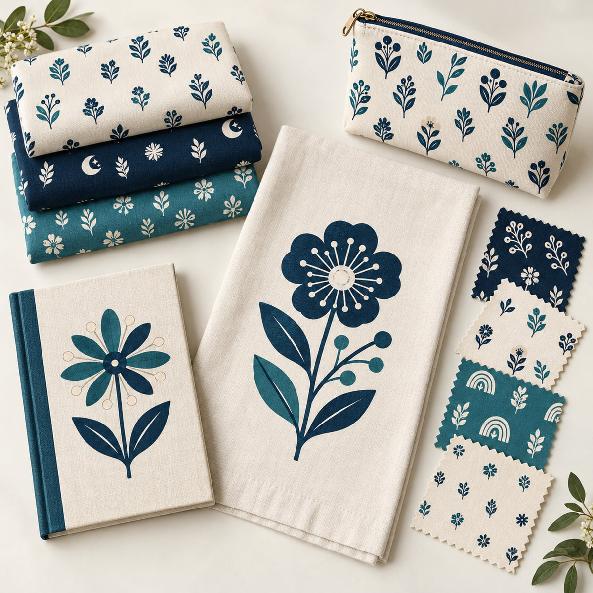 Coordinating botanical patterns and large floral motifs shown on fabric yardage, a zip pouch, notebook, tea towel, and swatches.