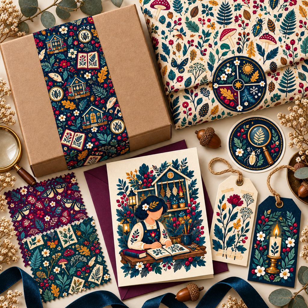 Naturalist folk artwork applied to a kraft box band, tissue paper, greeting card, stickers, tags, and pattern swatches.