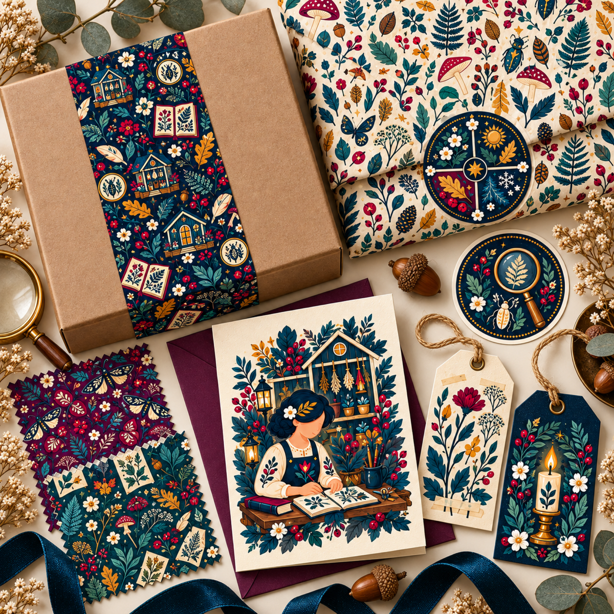 Naturalist folk artwork applied to a kraft box band, tissue paper, greeting card, stickers, tags, and pattern swatches.