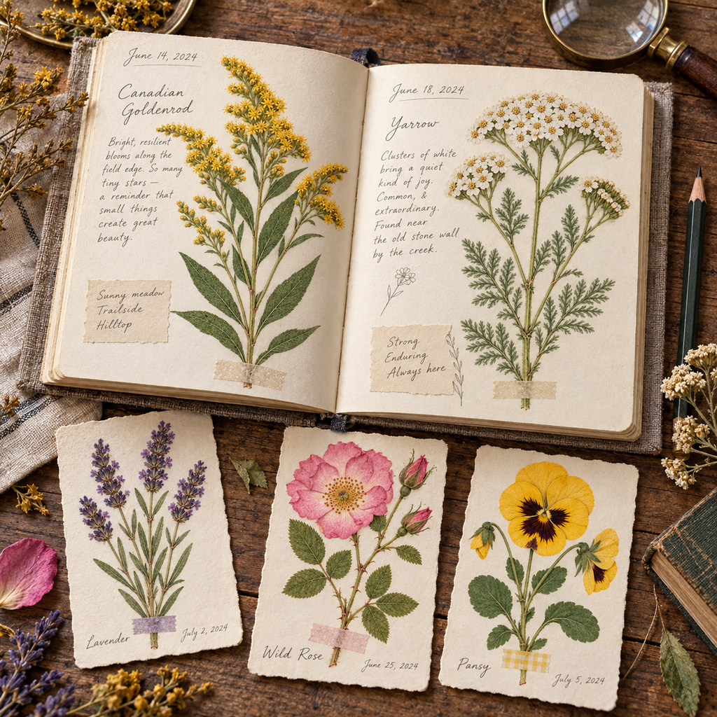 Pressed botanical illustrations used in an open nature journal with matching floral cards and dried flowers.