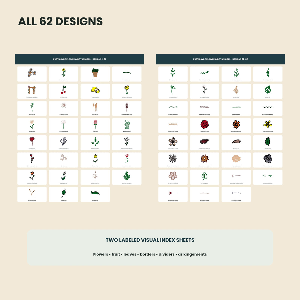 Visual index showing all sixty-two included floral and botanical designs.