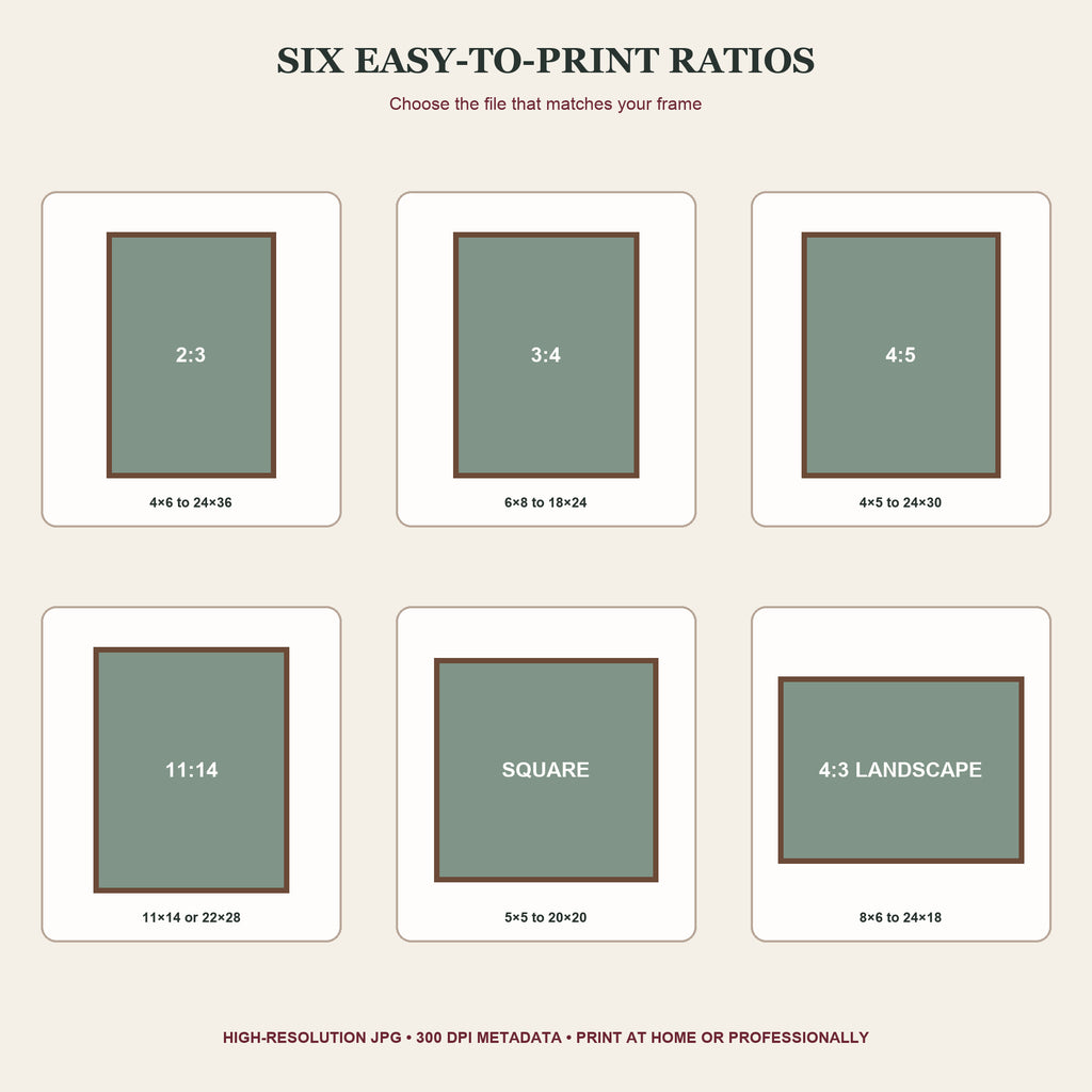 Printable art ratio guide showing 2:3, 3:4, 4:5, 11:14, square, and 4:3 landscape options.