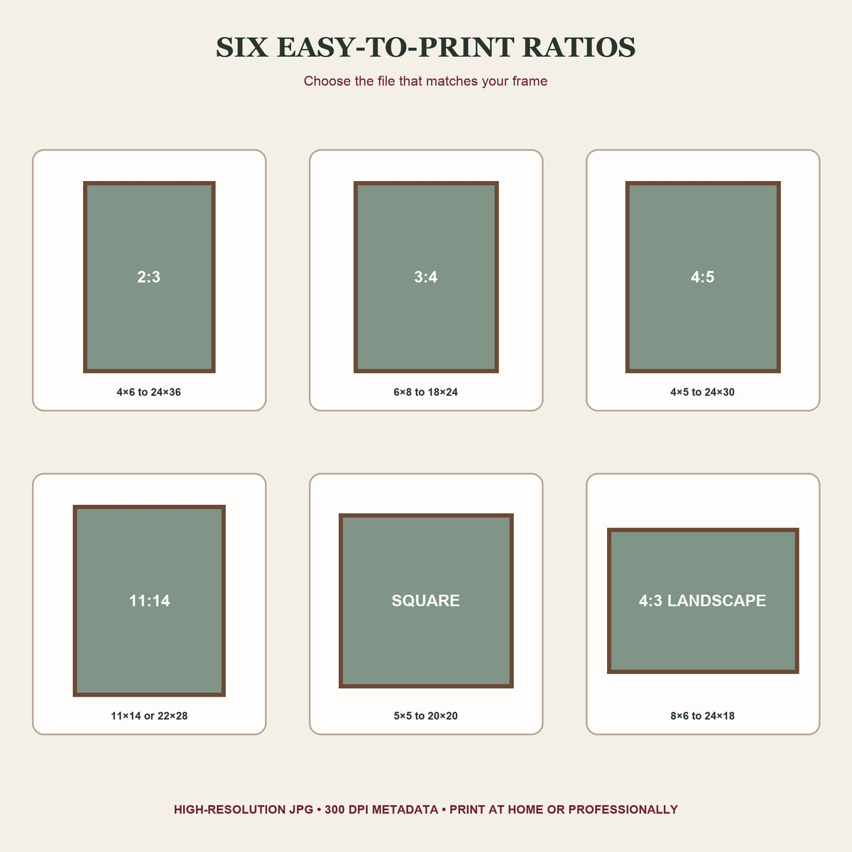 Printable art ratio guide showing 2:3, 3:4, 4:5, 11:14, square, and 4:3 landscape options.