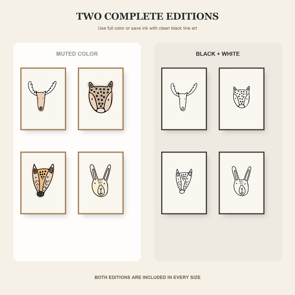 Comparison of the included muted-color and ink-saving black-and-white animal print editions.