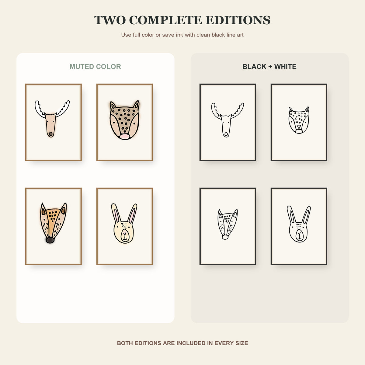 Comparison of the included muted-color and ink-saving black-and-white animal print editions.