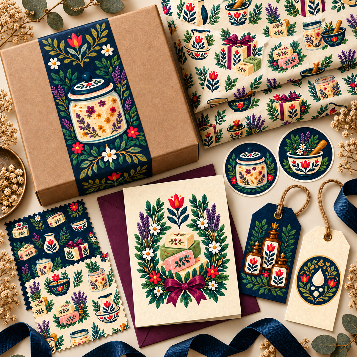 Folk soapmaker illustrations applied to artisan packaging and branding
