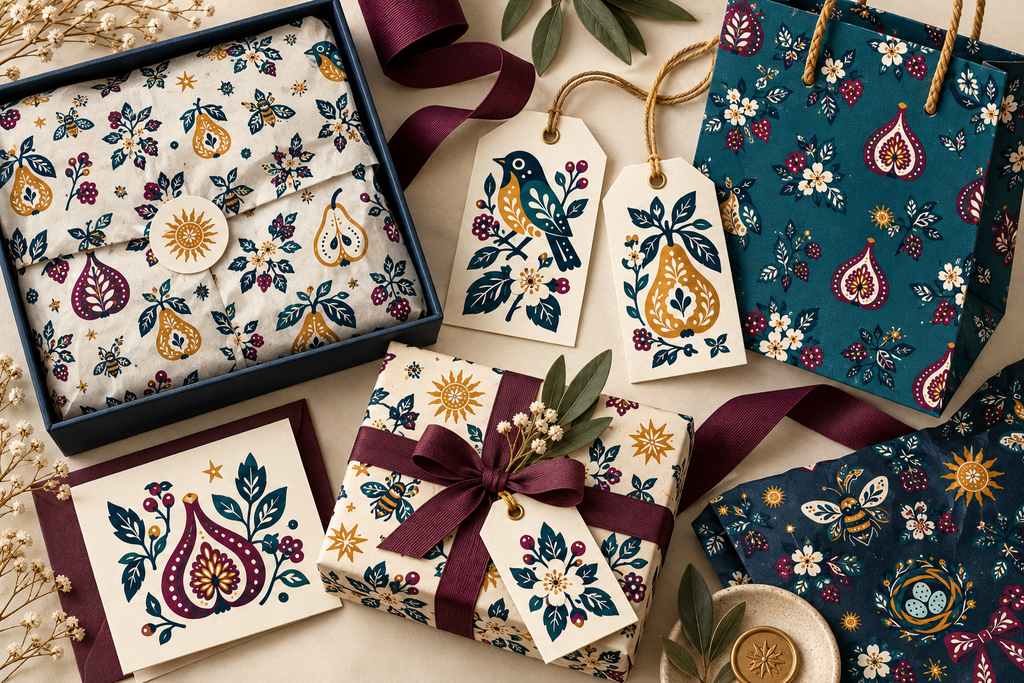 Wild Orchard artwork applied to a gift box, tissue paper, shopping bag, hang tags, card, wrapped parcel, and patterned paper.