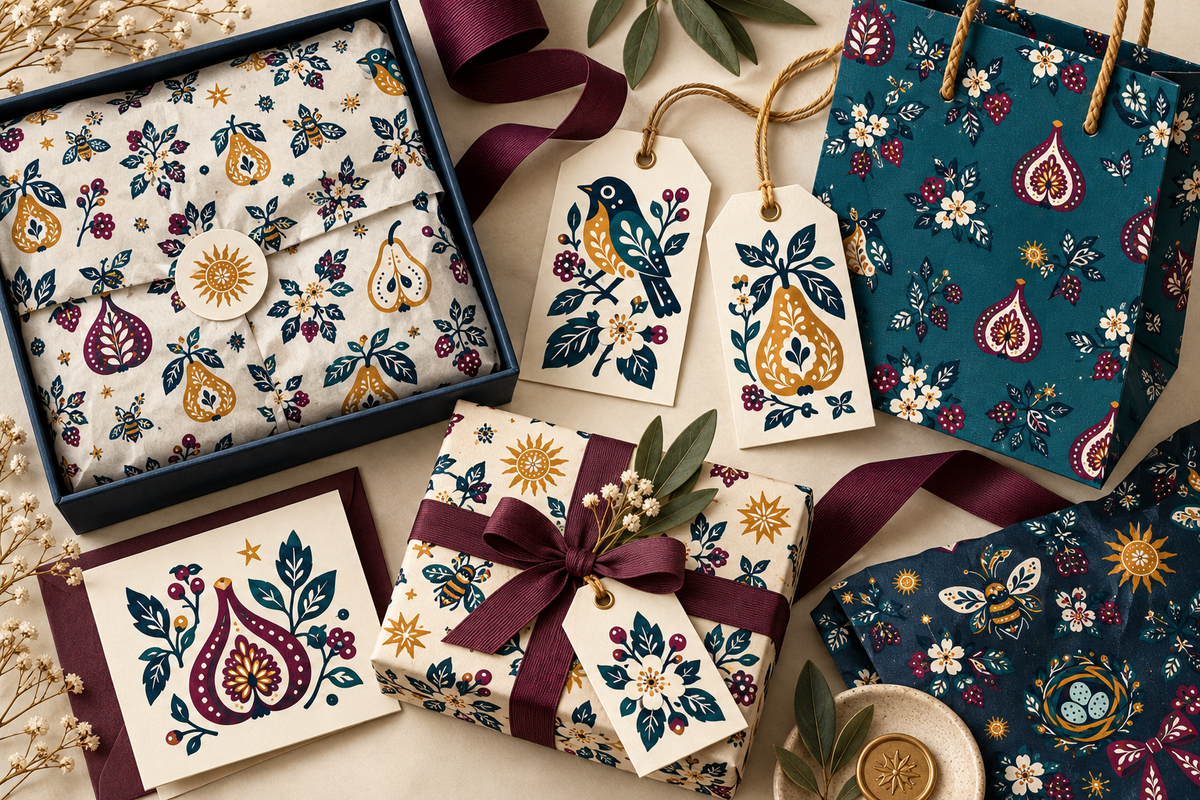 Wild Orchard artwork applied to a gift box, tissue paper, shopping bag, hang tags, card, wrapped parcel, and patterned paper.