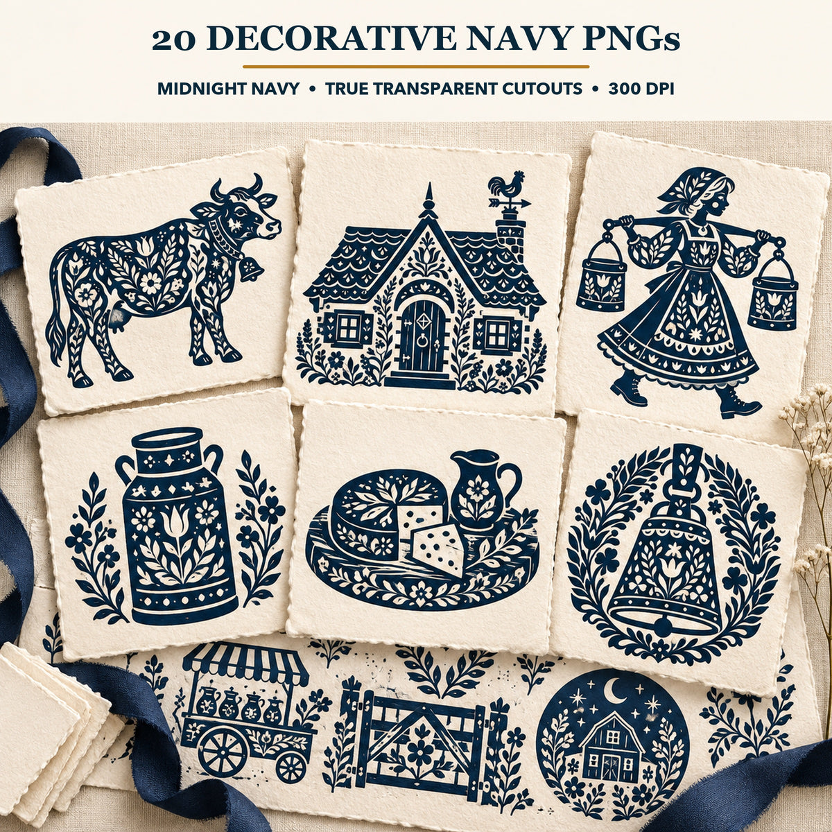 Folk Dairy Farm & Village Creamery Clipart Bundle - 40 Transparent PNGs + 6 Seamless Patterns