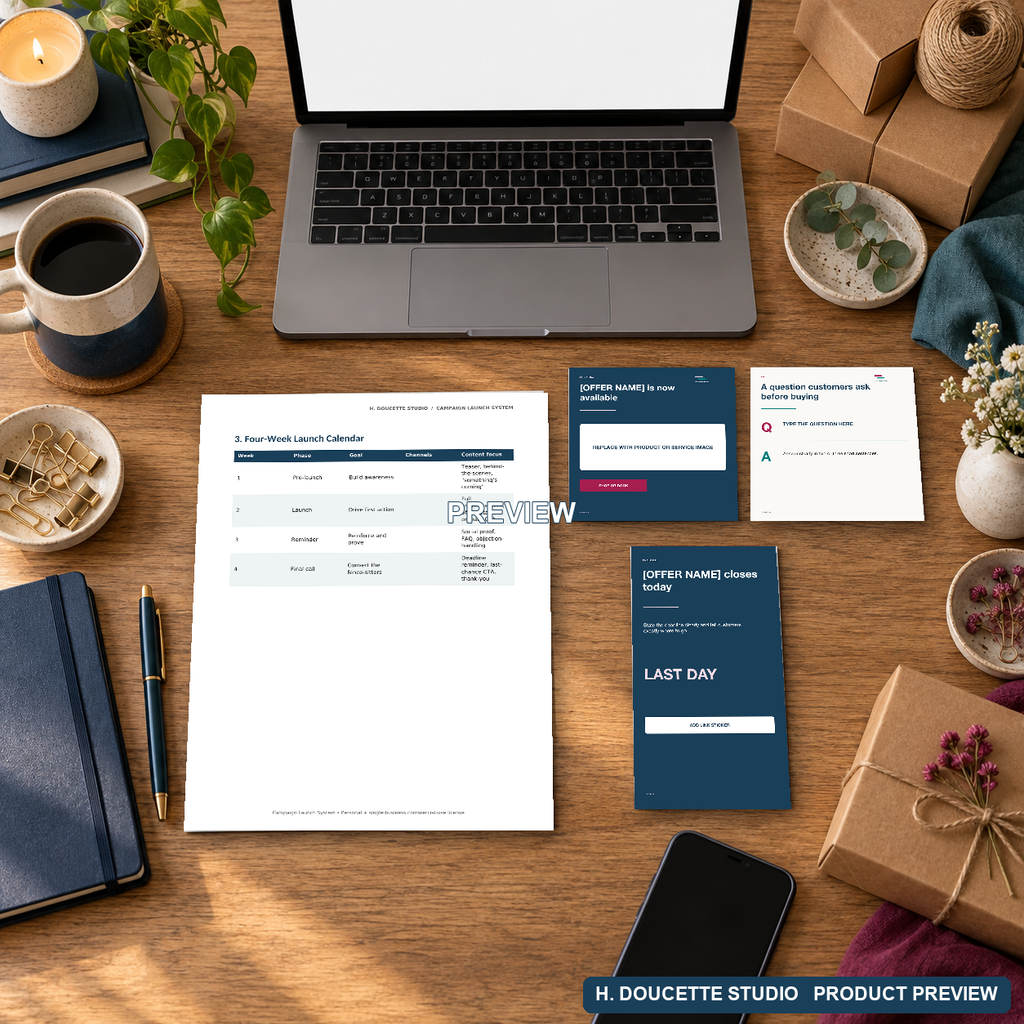 Campaign Launch System workbook, social posts, and vertical story template arranged in a warm campaign planning flat lay.