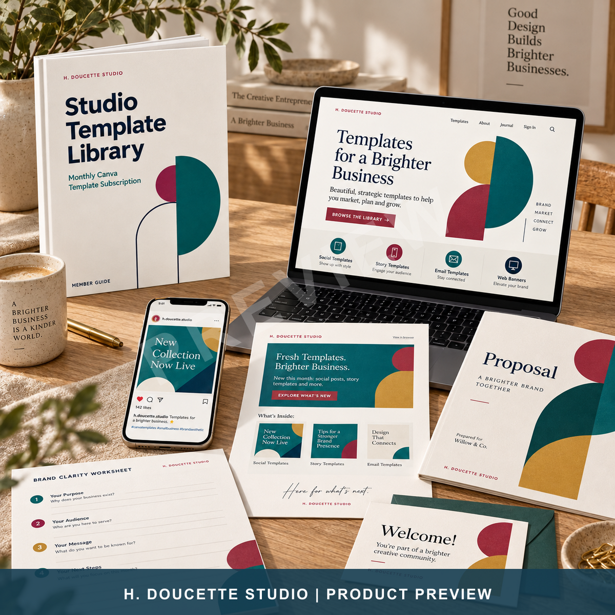 Coordinated Studio Template Library brand campaign shown across a laptop, phone, email, proposal, worksheet, and welcome card.