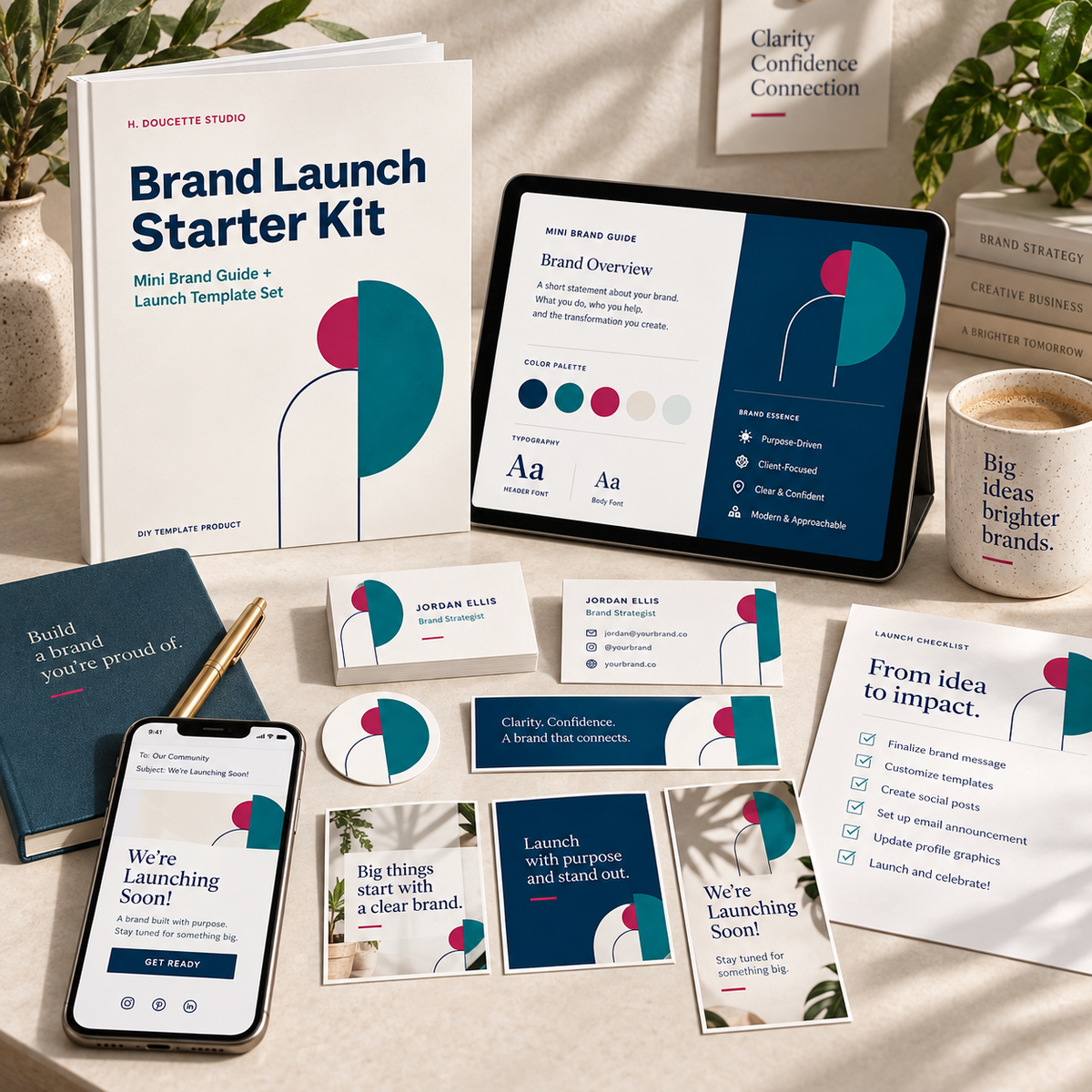 Complete Brand Launch Starter Kit with mini brand guide, business cards, social graphics, banner, story template, and launch checklist displayed on a studio desk.