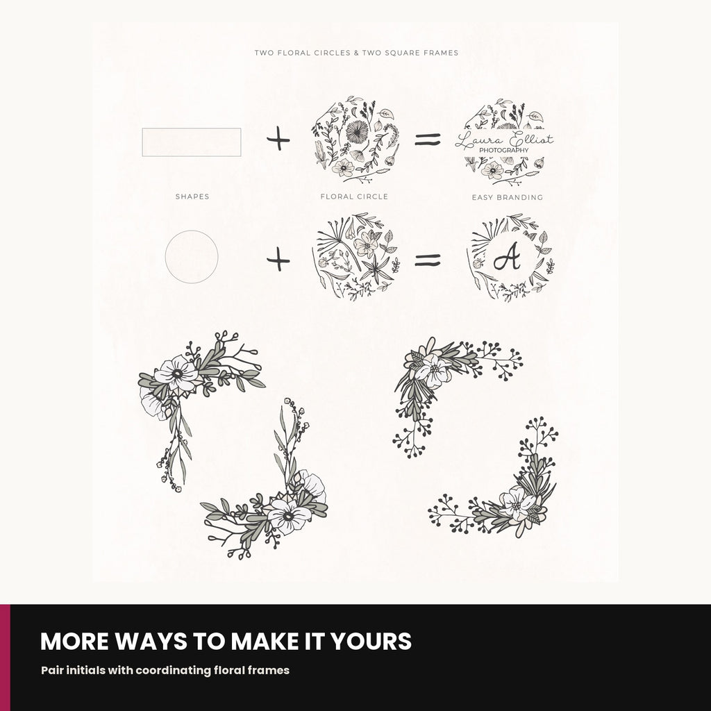 Floral monogram initials paired with decorative frames